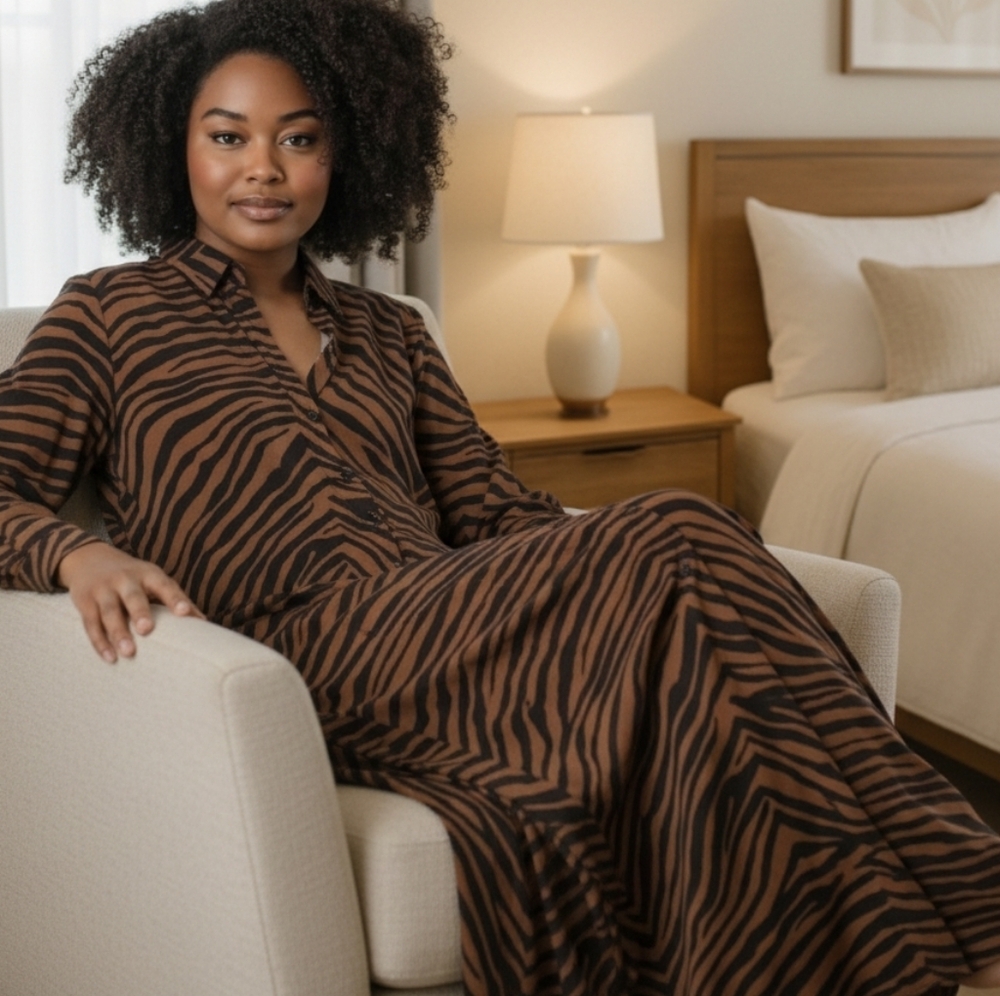 Vintage Sheer Black /Brown Tiger Print Button Down Duster Maxi Dress Sz 8